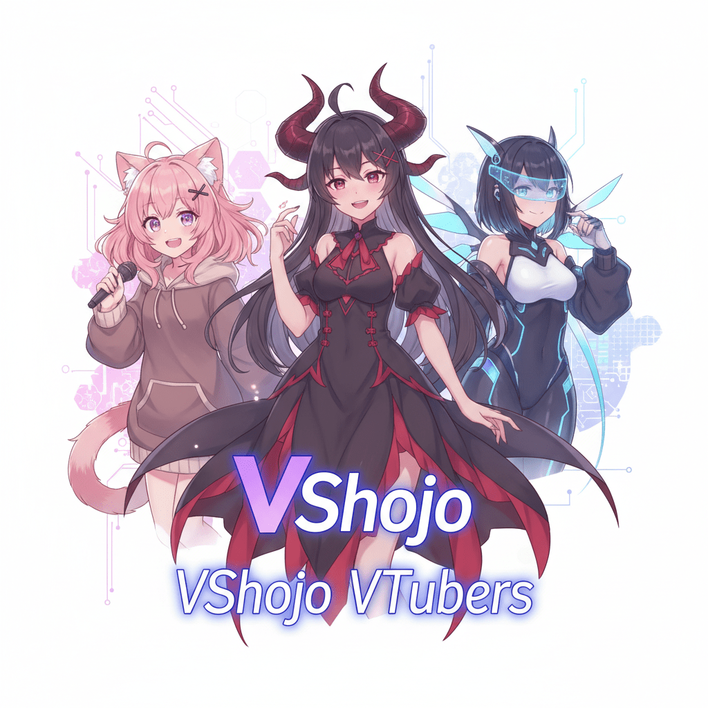 一群可愛的VTuber虛擬偶像圍繞VShojo標誌，展現活力與多樣性