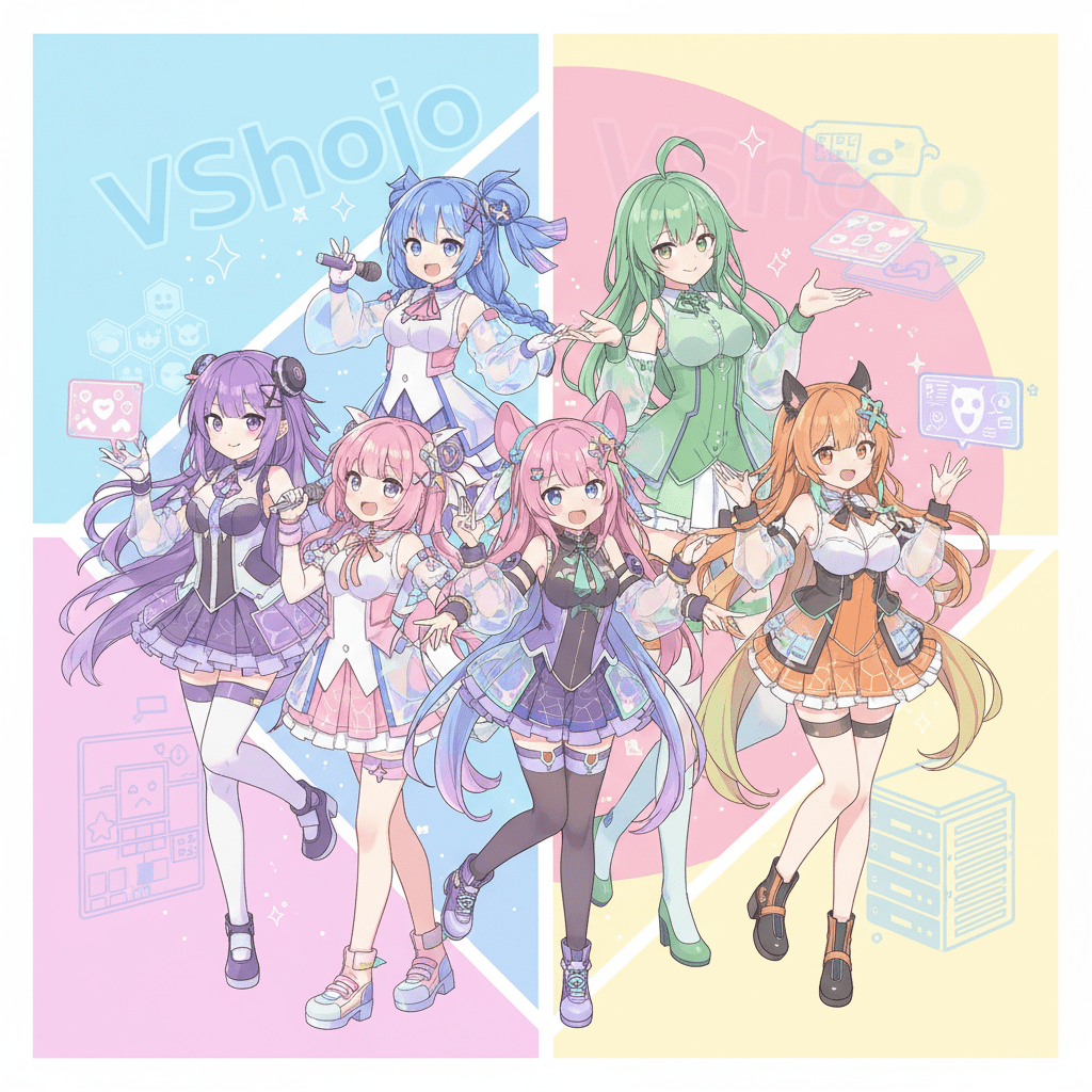 VShojo VTuber 機構整體介紹圖，展示多位虛擬偶像群像