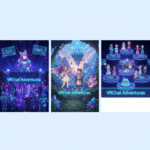 VRChat虛擬世界中VTuber與玩家互動的動漫風格插畫，展現社交樂趣與活動氛圍
