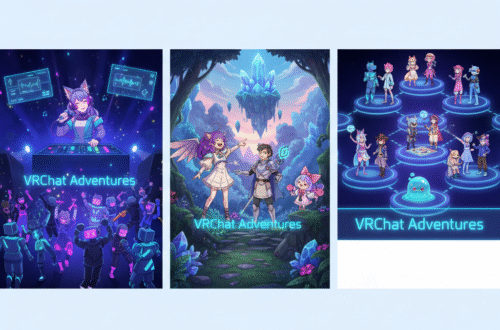 VRChat虛擬世界中VTuber與玩家互動的動漫風格插畫，展現社交樂趣與活動氛圍