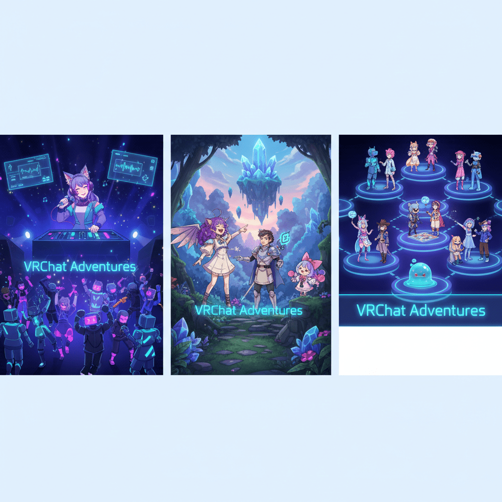 VRChat虛擬世界中VTuber與玩家互動的動漫風格插畫，展現社交樂趣與活動氛圍