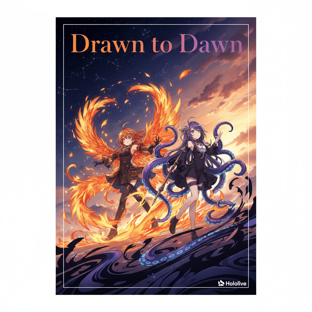 Hololive EN Kiara與Ina雙人演唱會「Drawn to Dawn」主題主圖，展示兩位VTuber在舞台上從黑暗到黎明的視覺轉變
