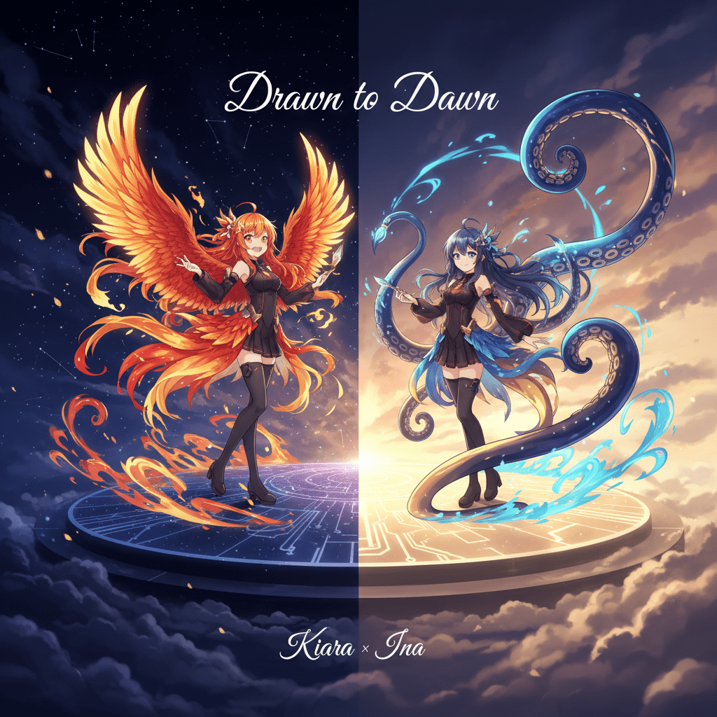 Hololive EN Kiara與Ina「Drawn to Dawn」雙人演唱會主視覺圖，鳳凰與觸手從黑暗轉向黎明舞台