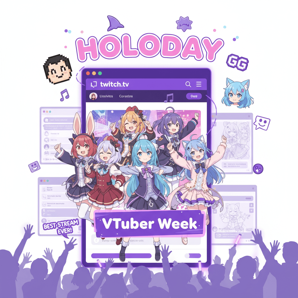 Hololive成員接管Twitch首頁的holoday合作活動插圖，展示限定表情符號與經典YAGOO表情，二次元風格