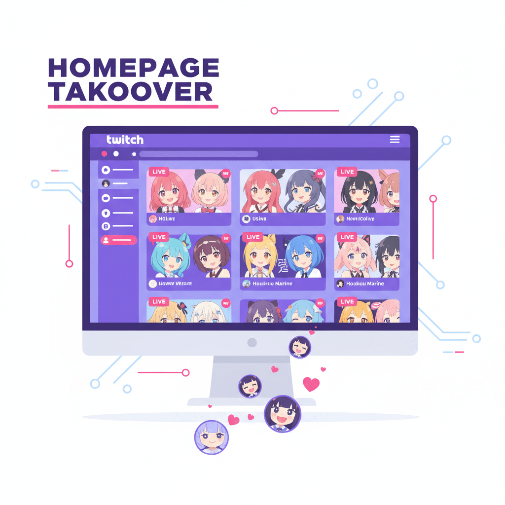 Hololive成員接管Twitch首頁推薦位示意圖