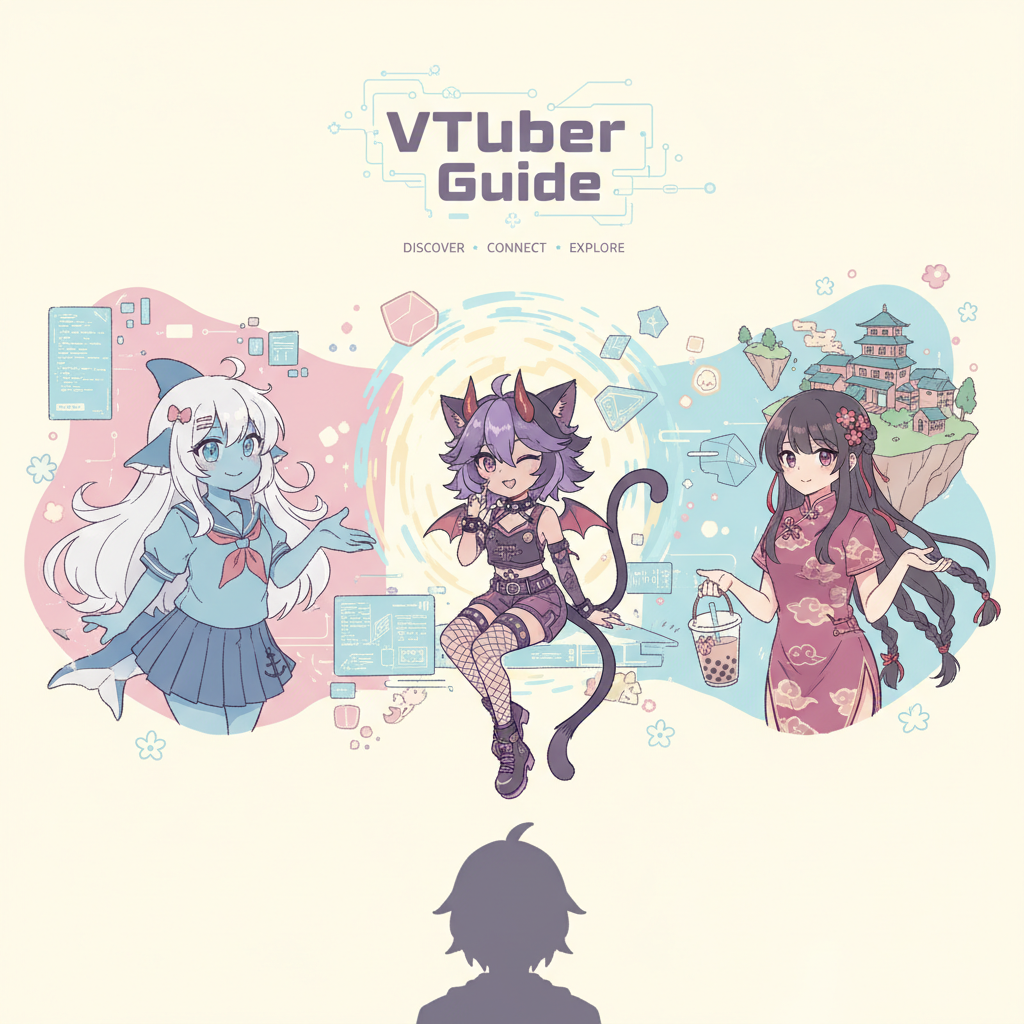 VTuber入門指南主圖，展示Hololive日系、VShojo國際及台灣VTuber角色，歡迎新手探索虛擬世界